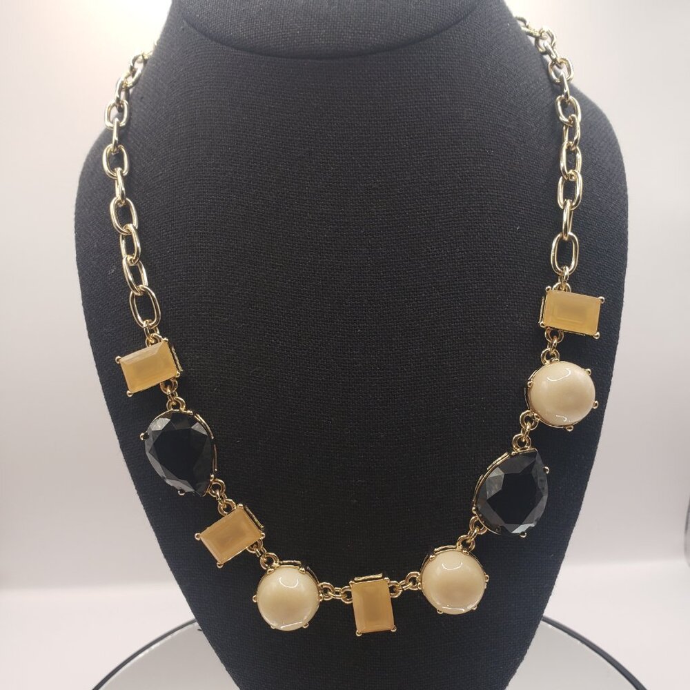 EUC J Crew Gold Tone Faux Pearl Black & Caramel Rhinestone Statement Necklace - Picture 3 of 12